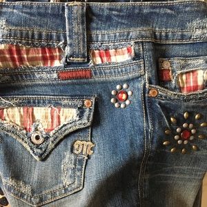 Pre-owned plaid pocketed me/rhinestones boot cut